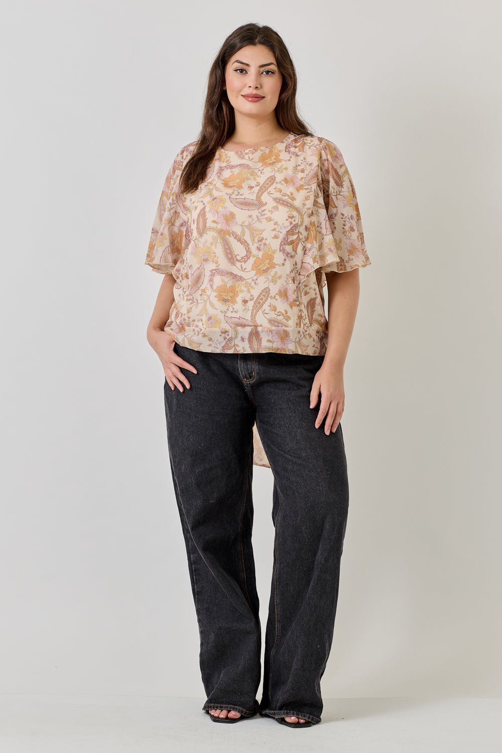 Image of West K Noemi Plus Size Chiffon Tie Back Blouse with Flutter Sleeve Beige Paisley