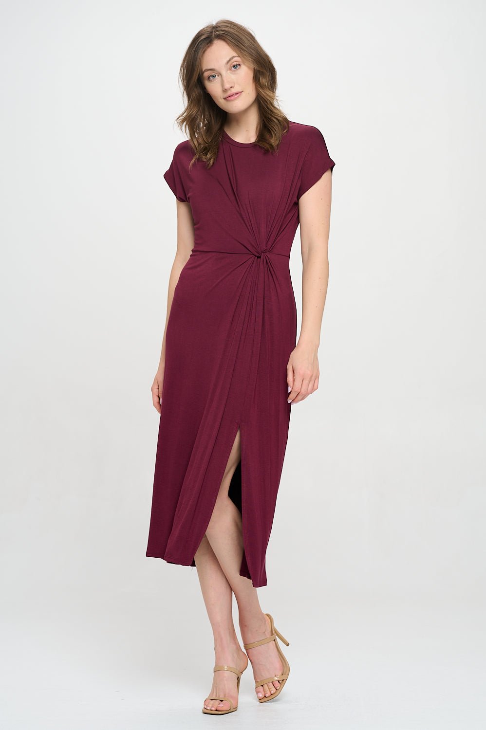 Image of West K Parker Crew - Neck Short Sleeve Knob - Front Midi Dress with Slits Wine