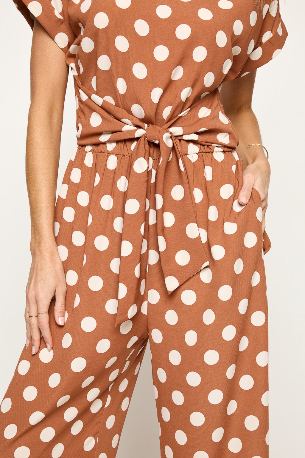 Image of West K Priya Dolman Sleeve Tie Front Jumpsuit Tan Polka Dot