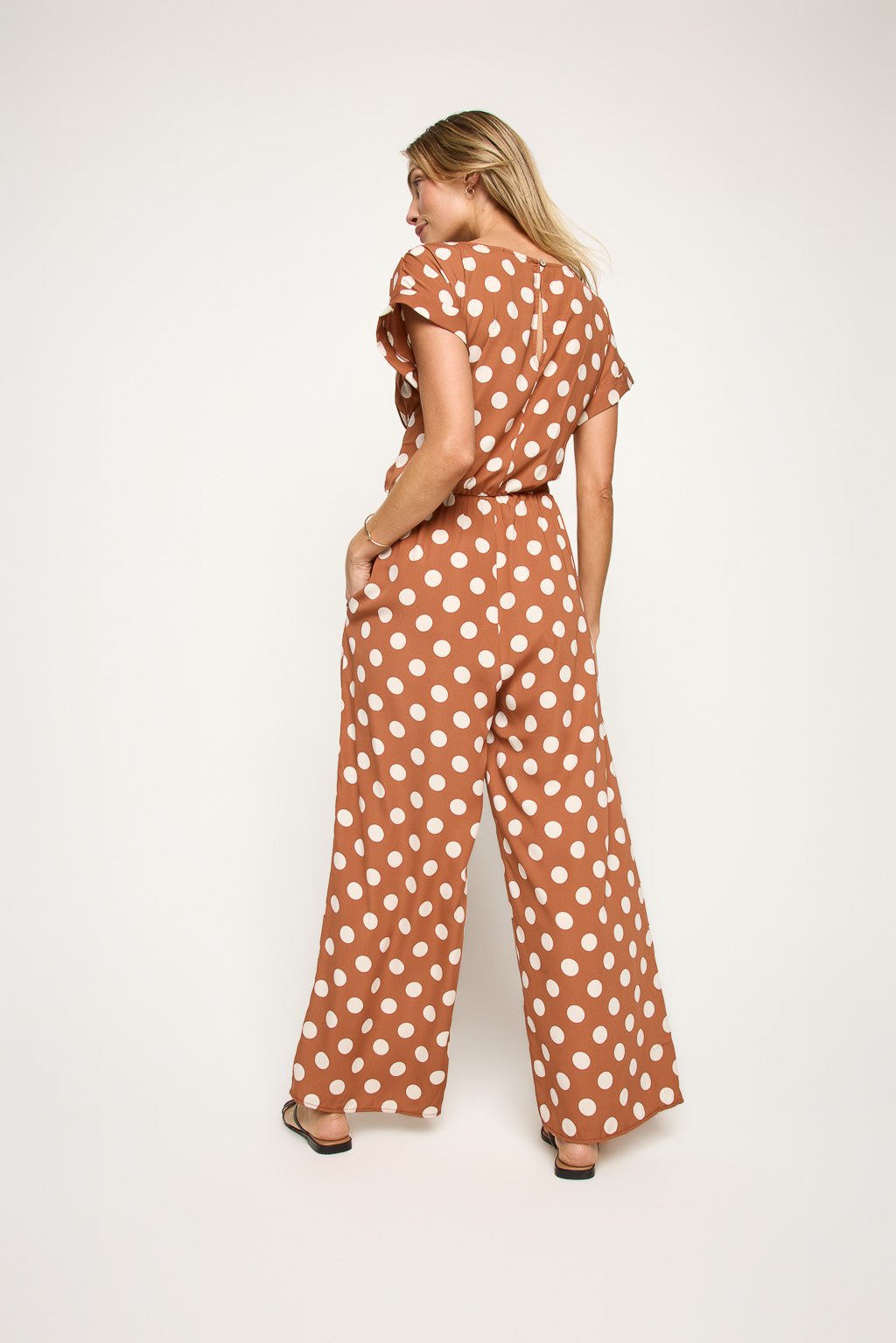 Image of West K Priya Dolman Sleeve Tie Front Jumpsuit Tan Polka Dot