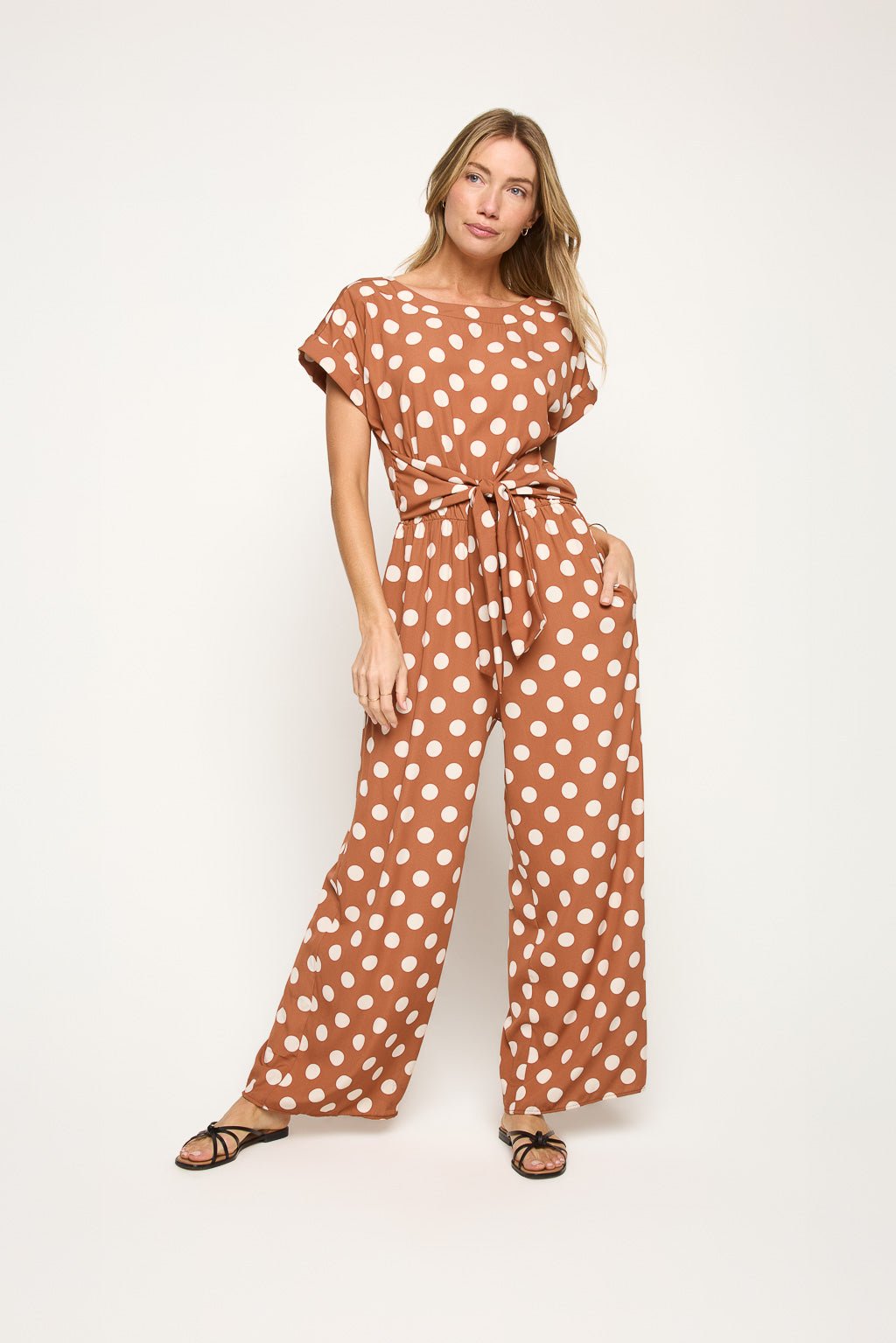 Image of West K Priya Dolman Sleeve Tie Front Jumpsuit Tan Polka Dot