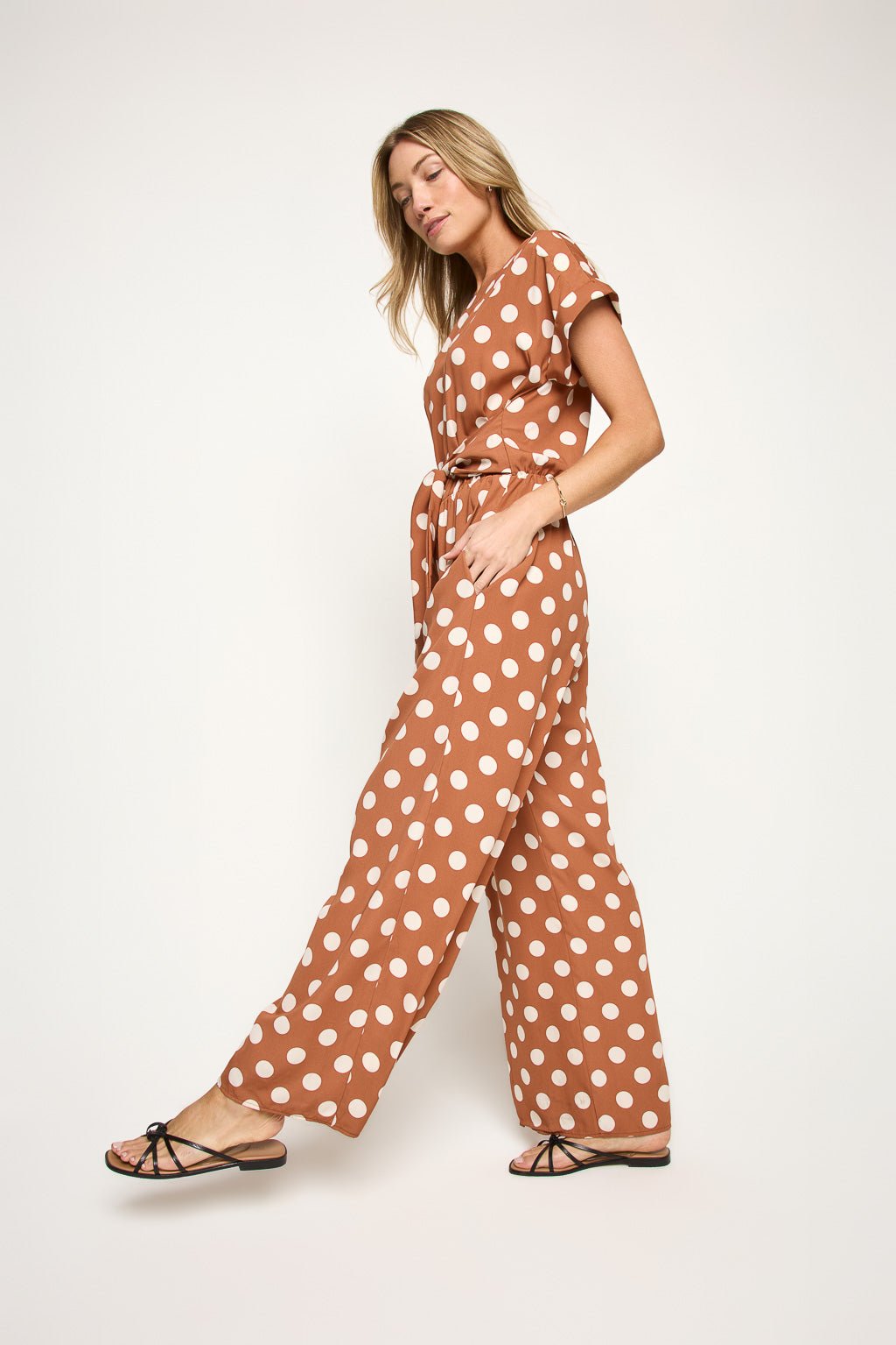 Image of West K Priya Dolman Sleeve Tie Front Jumpsuit Tan Polka Dot