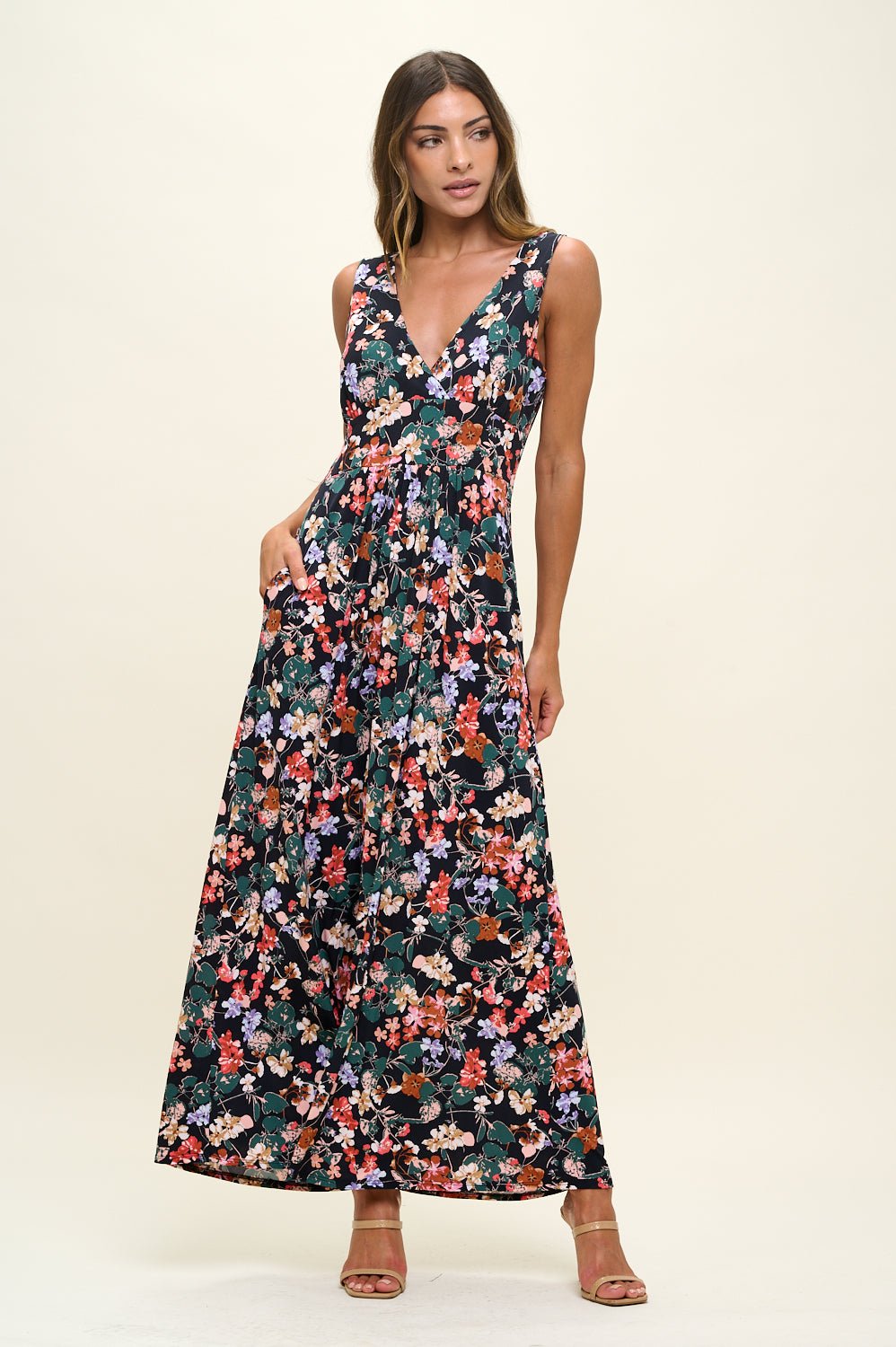 Image of West K Rita Sleeveless V neckline Midi Dress Black Red Floral