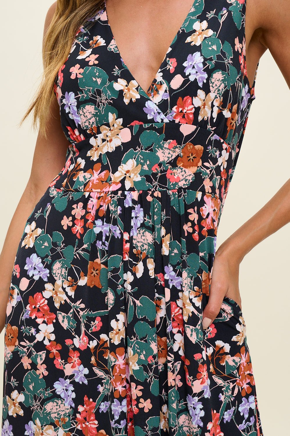 Image of West K Rita Sleeveless V neckline Midi Dress Black Red Floral