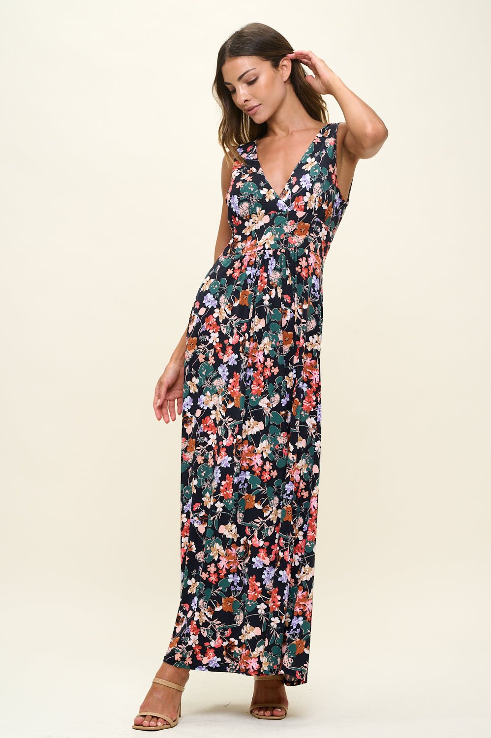 Image of West K Rita Sleeveless V neckline Midi Dress Black Red Floral