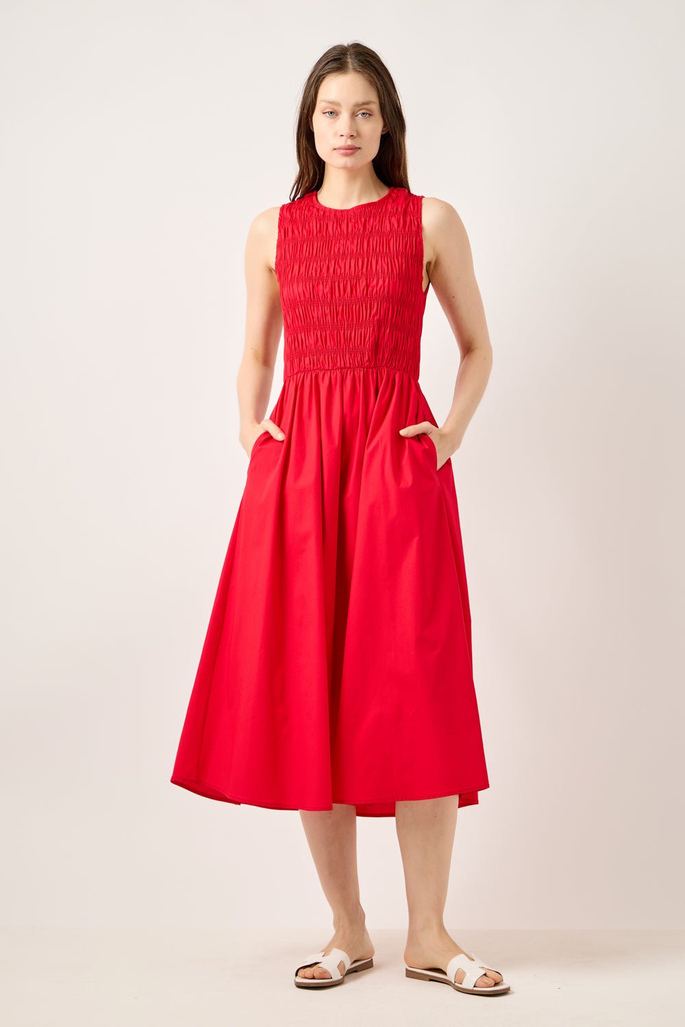 red smocked midi dress Malinda Ls Smocked Midi Dress- Red