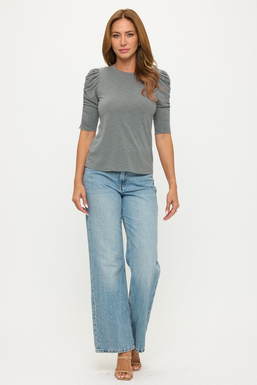 Image of West K Sabine Ruched Sleeve Knit Top Dark Sage