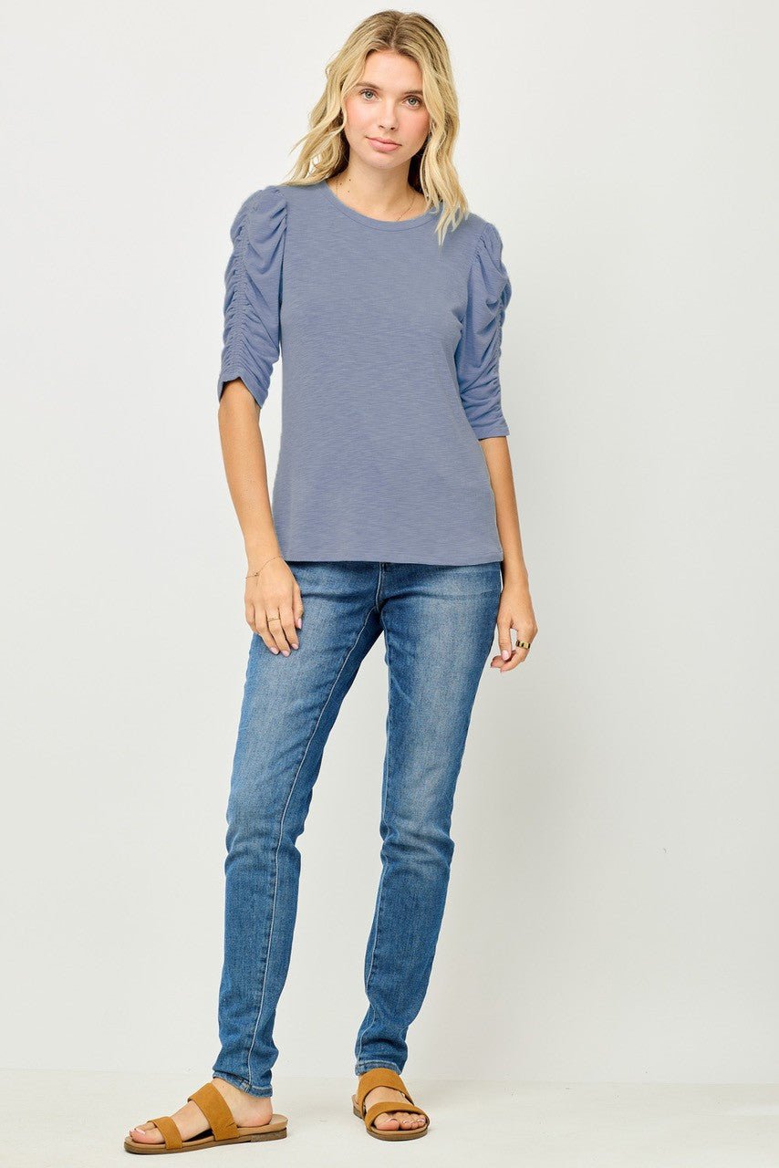 Image of West K Sabine Ruched Sleeve Knit Top Lt Denim