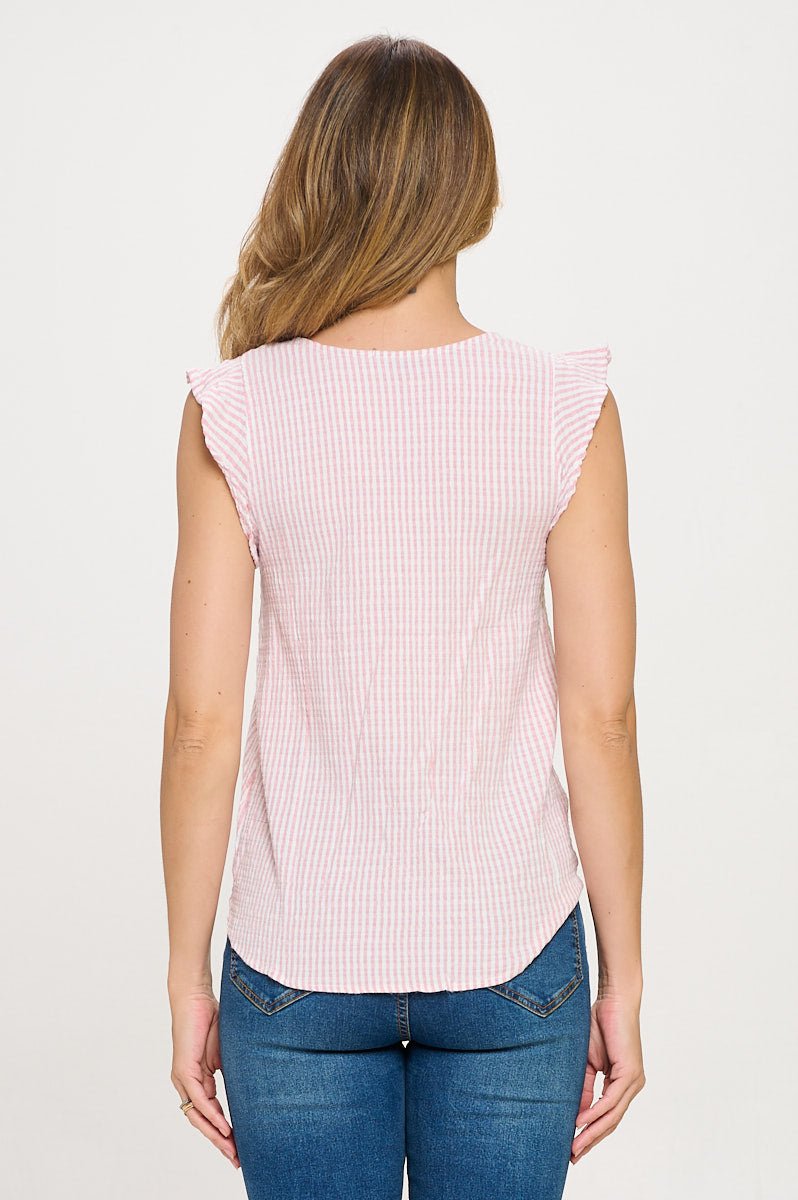 Image of West K Samantha Tie Front Ruffle Top Pink White Stripe