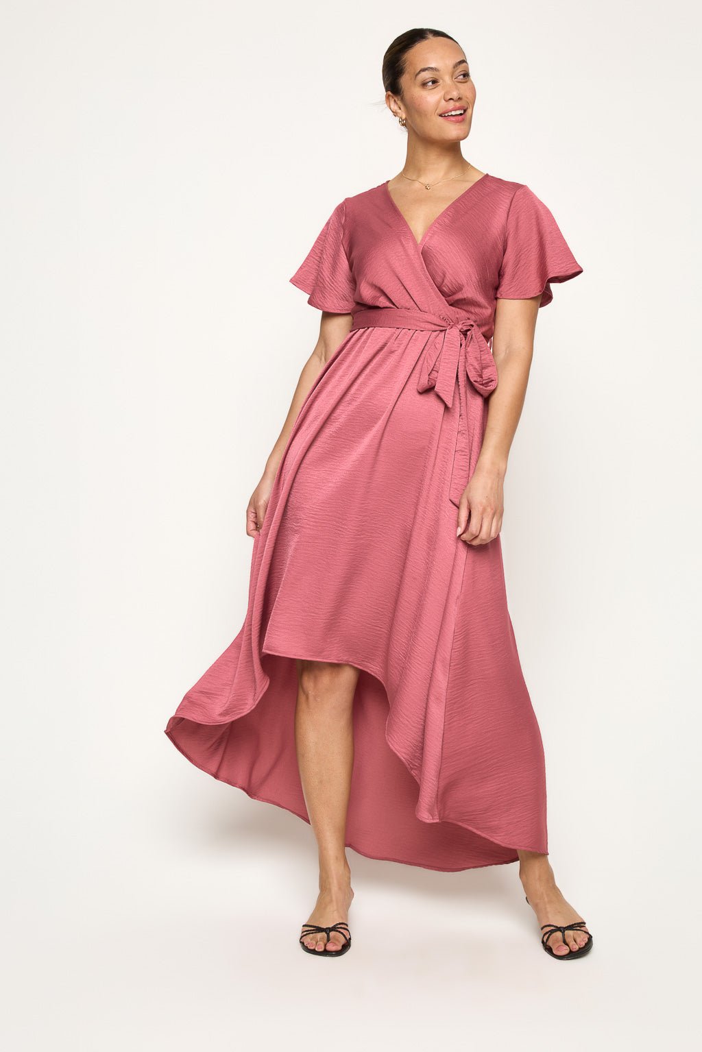 West K Women's Satin Woven Georgia Faux-Wrap Dress with High-Low Hem and Tie Waist - Medium - Mulberry West K Women's Satin Woven Georgia Faux-Wrap Dress with High-Low Hem and Tie Waist - Medium - Mulberry