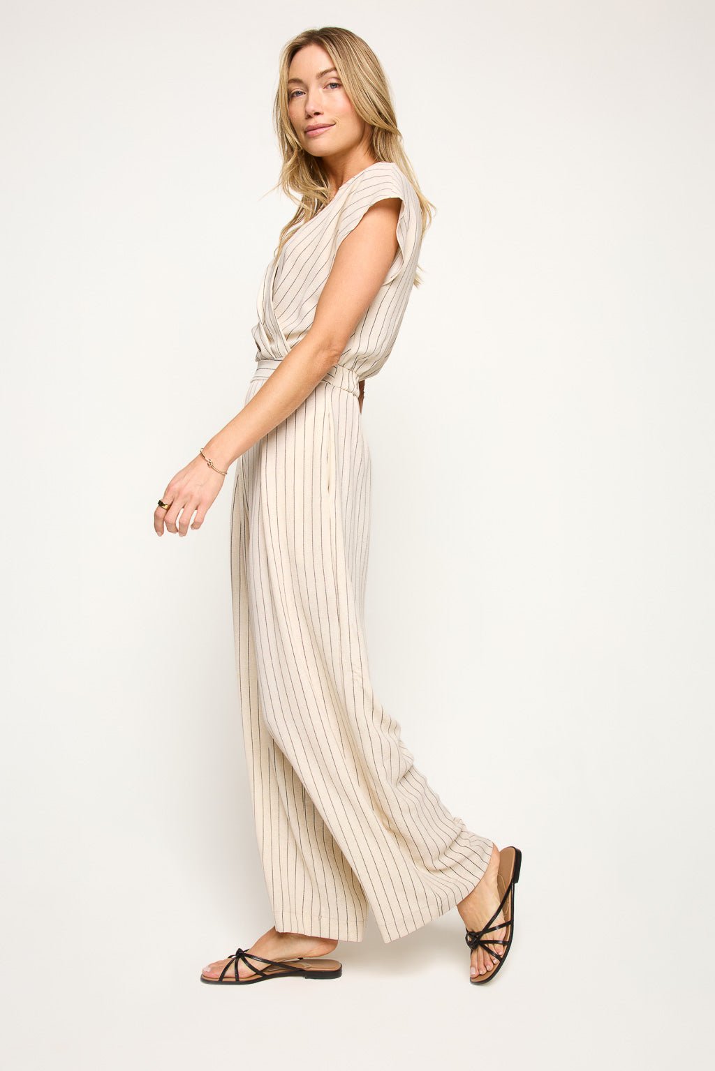 Image of West K Serel Pinstriped Wide Leg Jumpsuit Tan Stripe