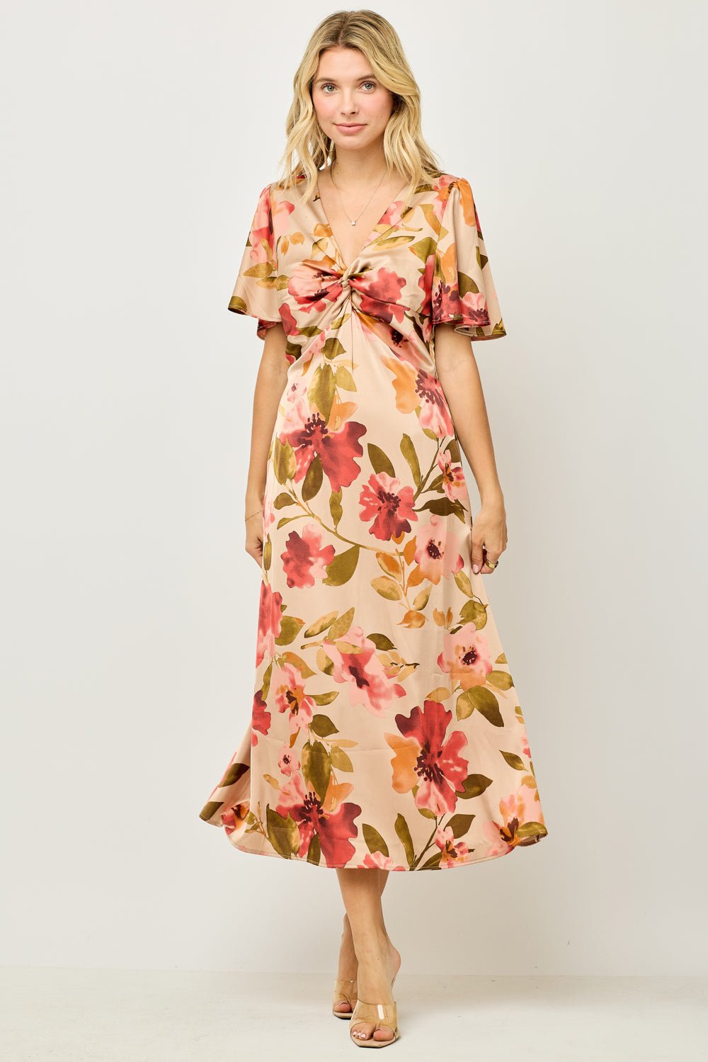 Image of West K Seren Twist - Front Flutter Sleeve Midi Dress Grey Mauve Floral