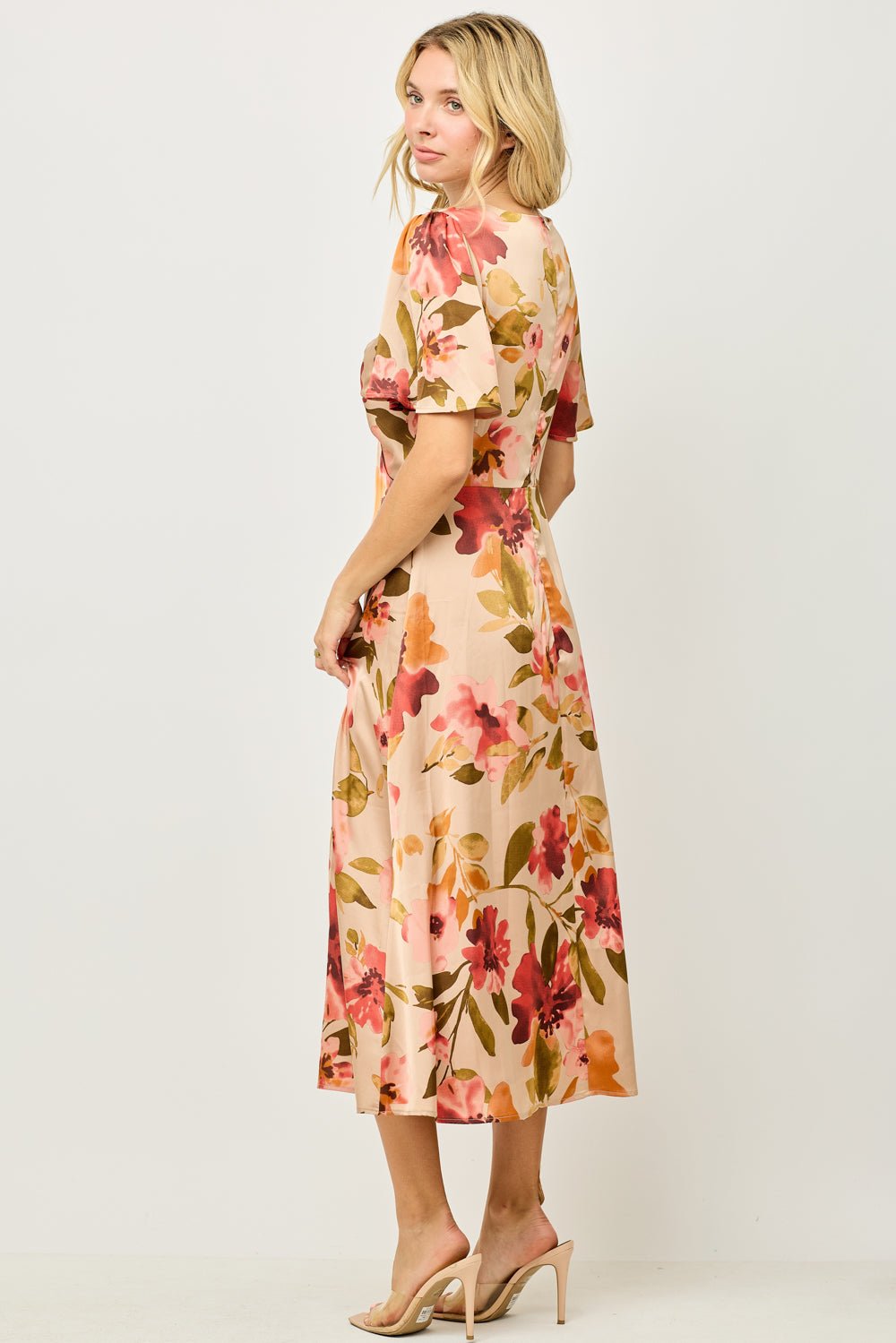 Image of West K Seren Twist - Front Flutter Sleeve Midi Dress Grey Mauve Floral