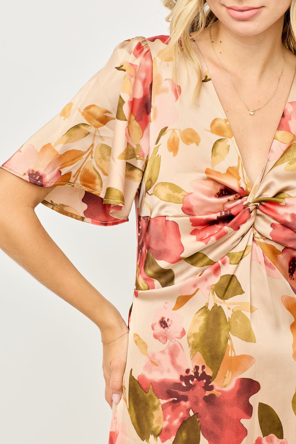Image of West K Seren Twist - Front Flutter Sleeve Midi Dress Grey Mauve Floral