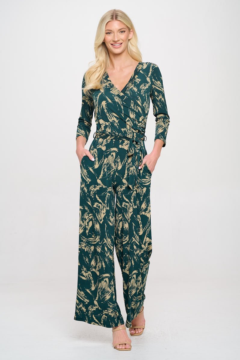 Image of West K Shay Surplice Neck Three Quarter Sleeve Jumpsuit Green Paint