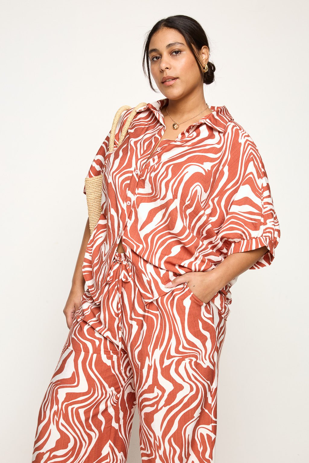 Image of West K Sydney Plus Size Dolman Sleeve Button Down Shirt Taupe Mono Floral