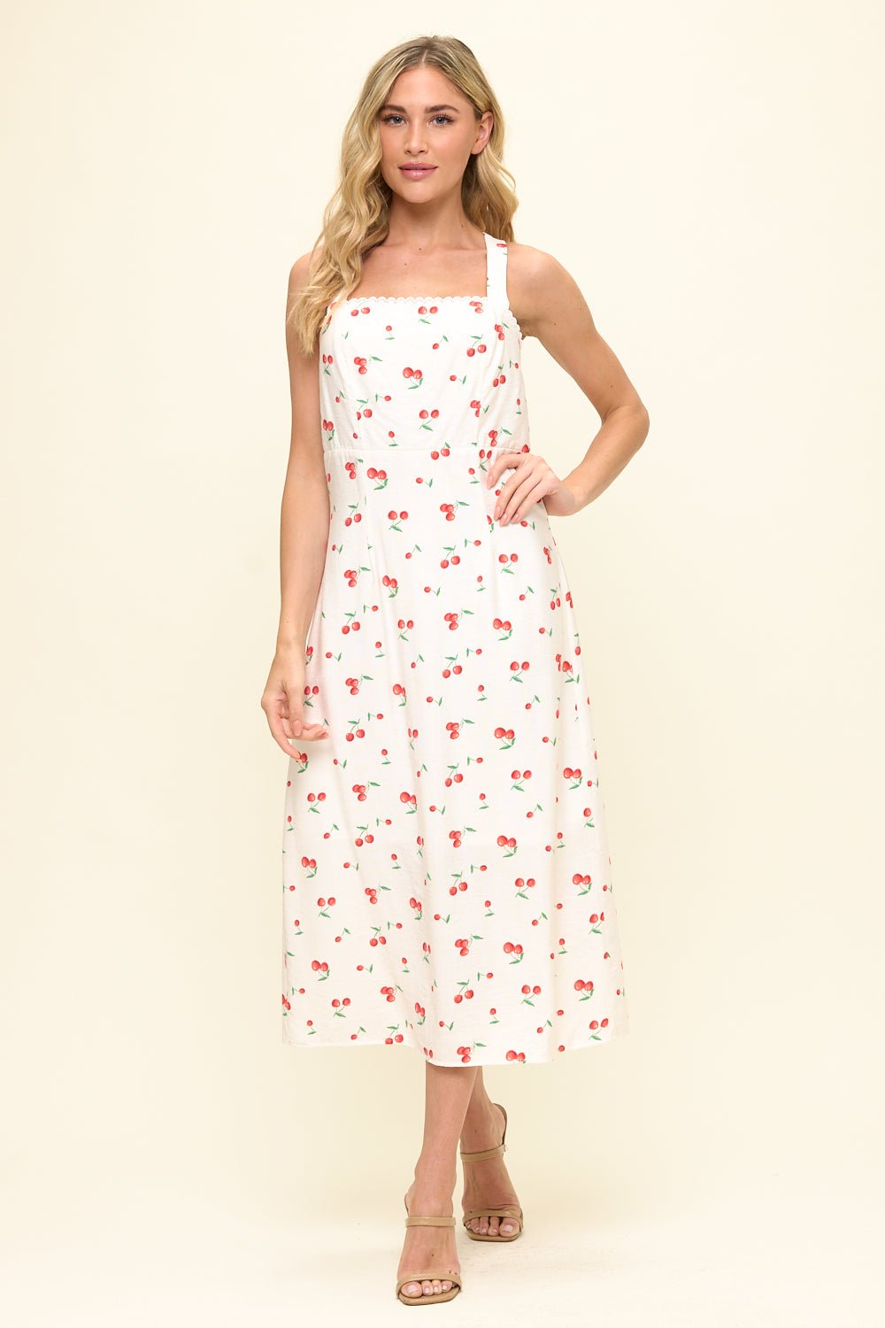 Image of West K Sylvie Scallop Neckline Midi Dress White Cherry