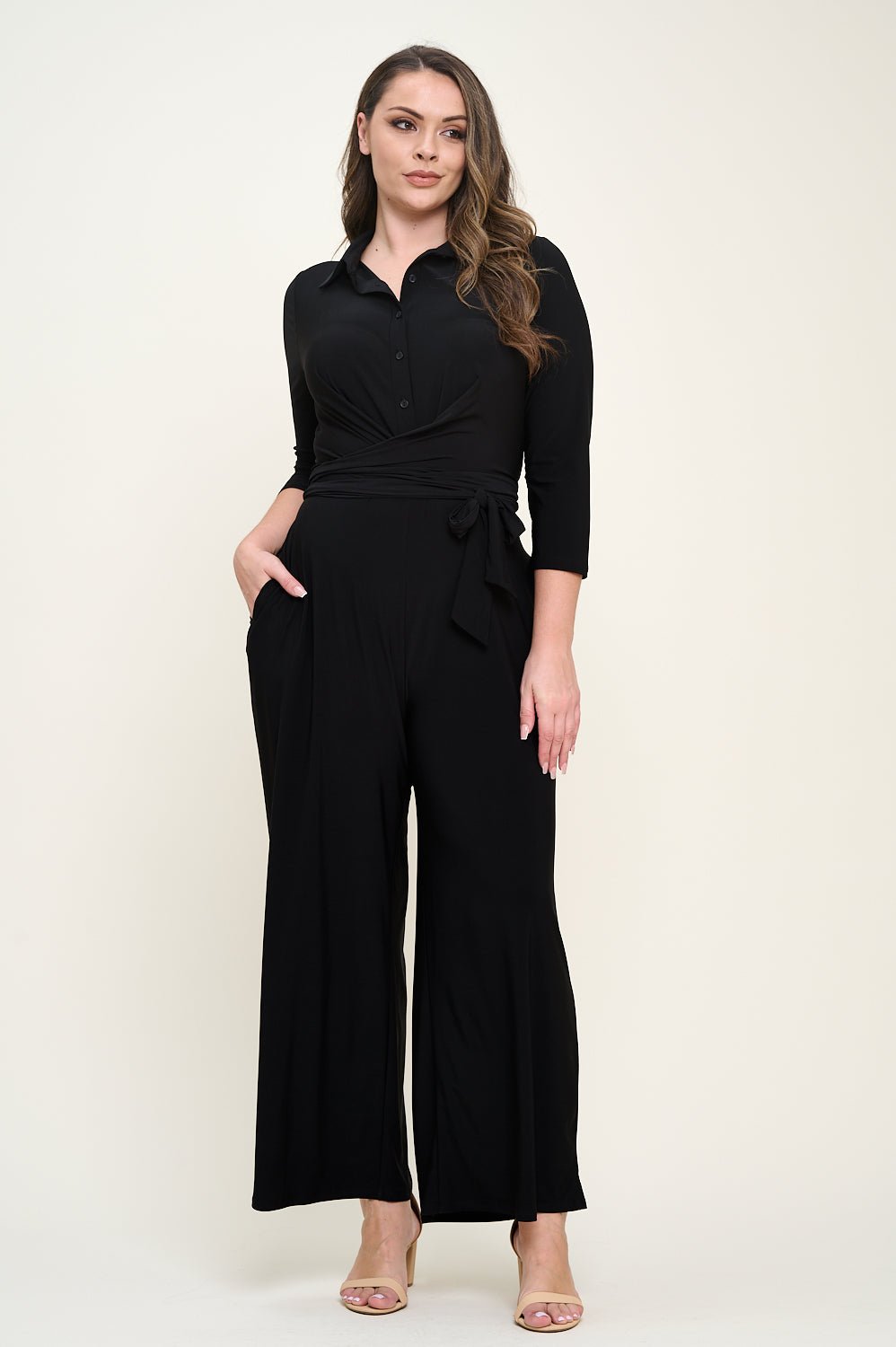 Image of West K Valerie Plus Size Three Quarters Sleeve Button Down Collared Jumpsuit Black