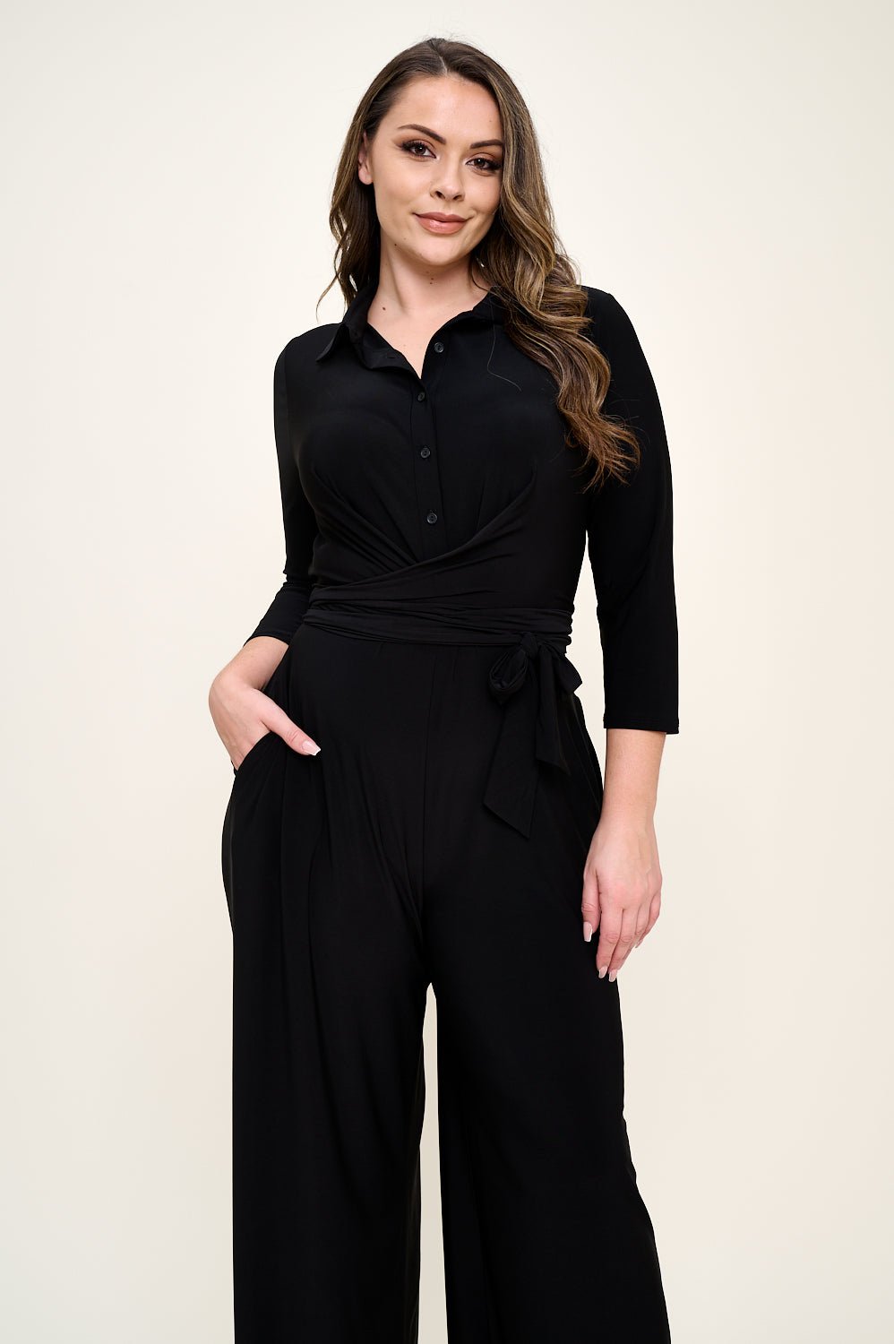 Image of West K Valerie Plus Size Three Quarters Sleeve Button Down Collared Jumpsuit Black