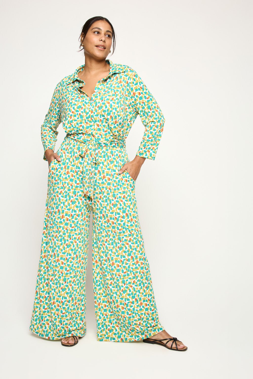 Image of West K Valerie Plus Size Three Quarters Sleeve Button Down Collared Jumpsuit Black