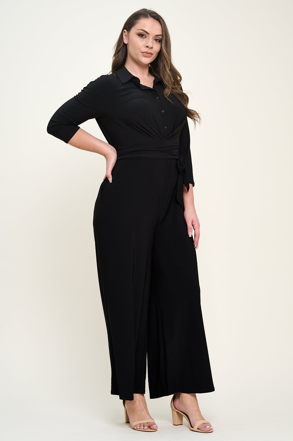 Image of West K Valerie Plus Size Three Quarters Sleeve Button Down Collared Jumpsuit Black
