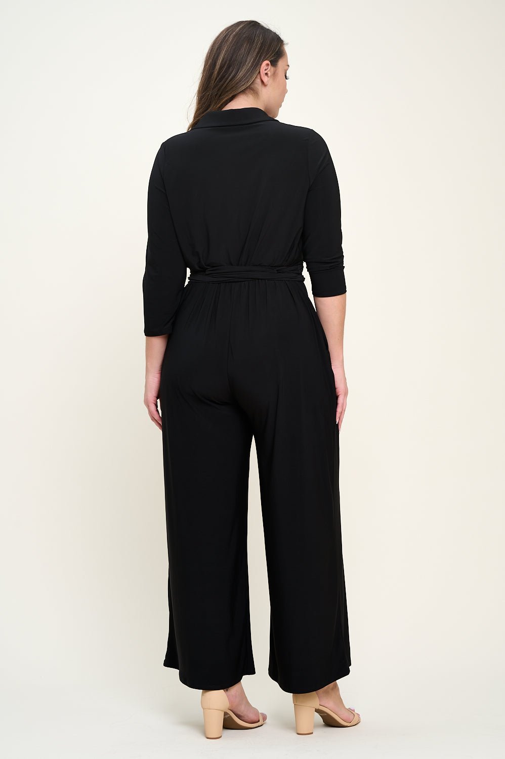 Image of West K Valerie Plus Size Three Quarters Sleeve Button Down Collared Jumpsuit Black