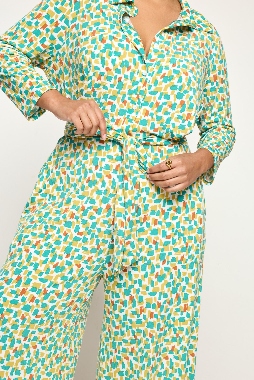 Image of West K Valerie Plus Size Three Quarters Sleeve Button Down Collared Jumpsuit Emerald Print