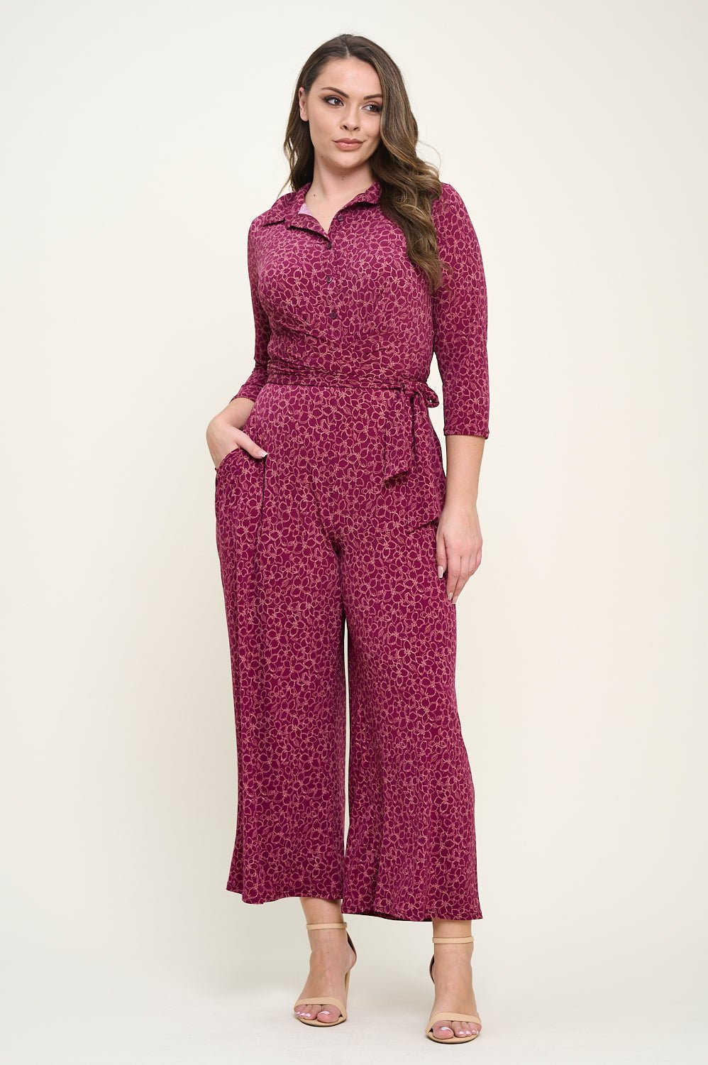 Image of West K Valerie Plus Size Three Quarters Sleeve Button Down Collared Jumpsuit Wine Ivory Floral