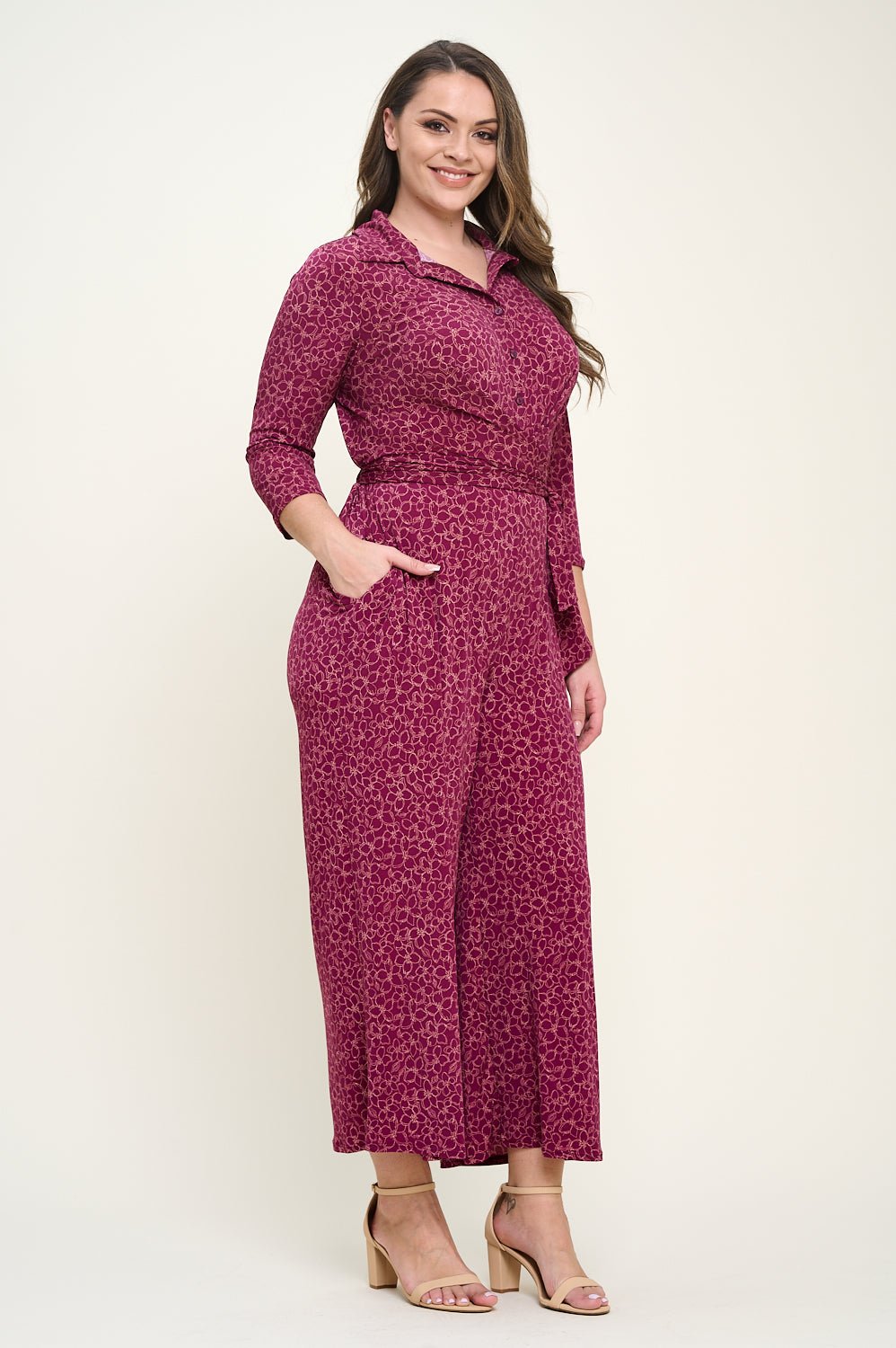 Image of West K Valerie Plus Size Three Quarters Sleeve Button Down Collared Jumpsuit Wine Ivory Floral