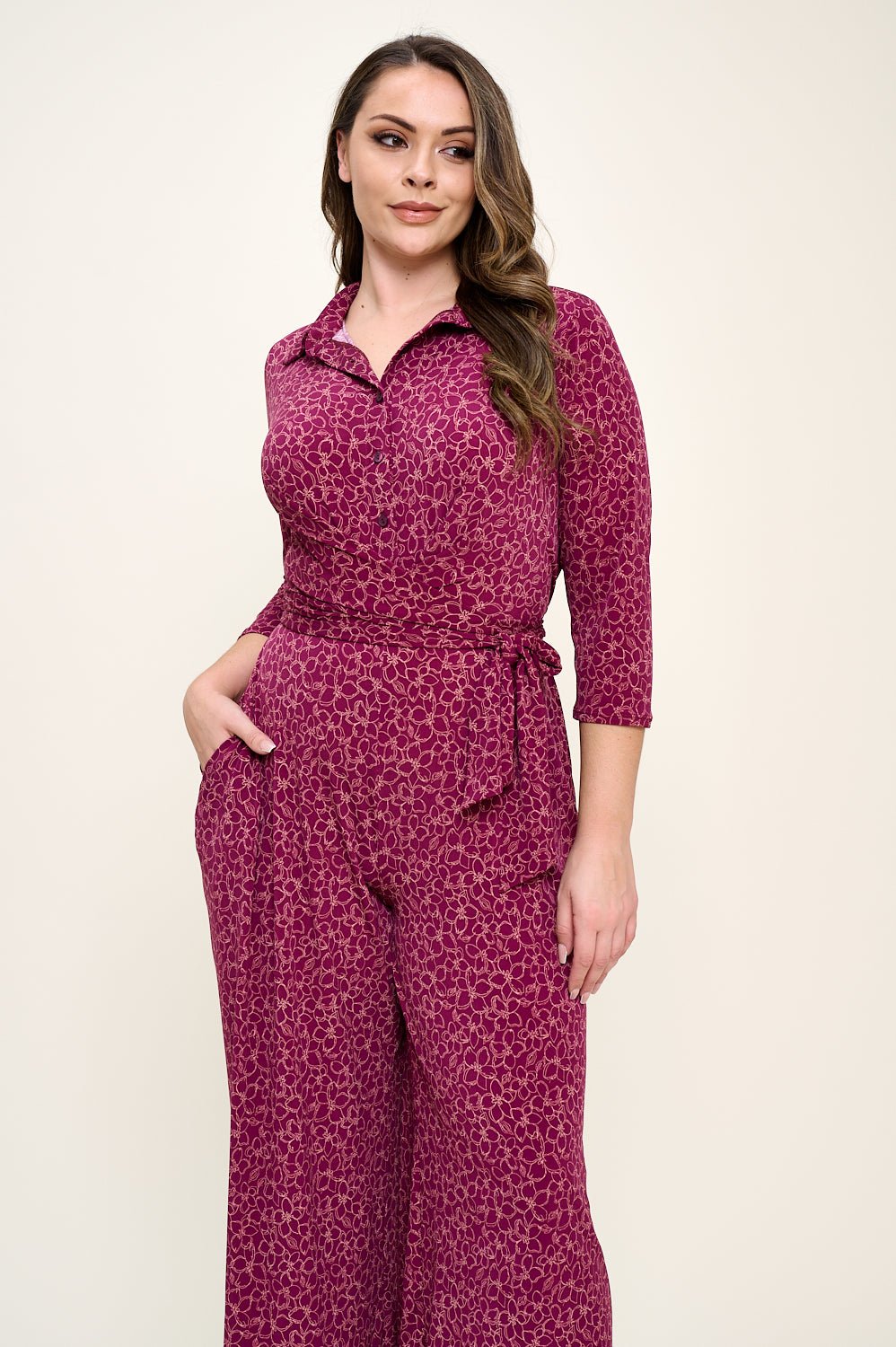 Image of West K Valerie Plus Size Three Quarters Sleeve Button Down Collared Jumpsuit Wine Ivory Floral