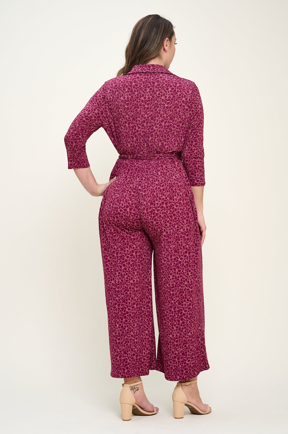 Image of West K Valerie Plus Size Three Quarters Sleeve Button Down Collared Jumpsuit Wine Ivory Floral