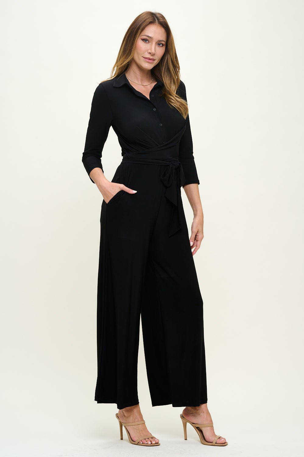 Image of West K Valerie Three Quarters Sleeve Button Down Collared Jumpsuit Black