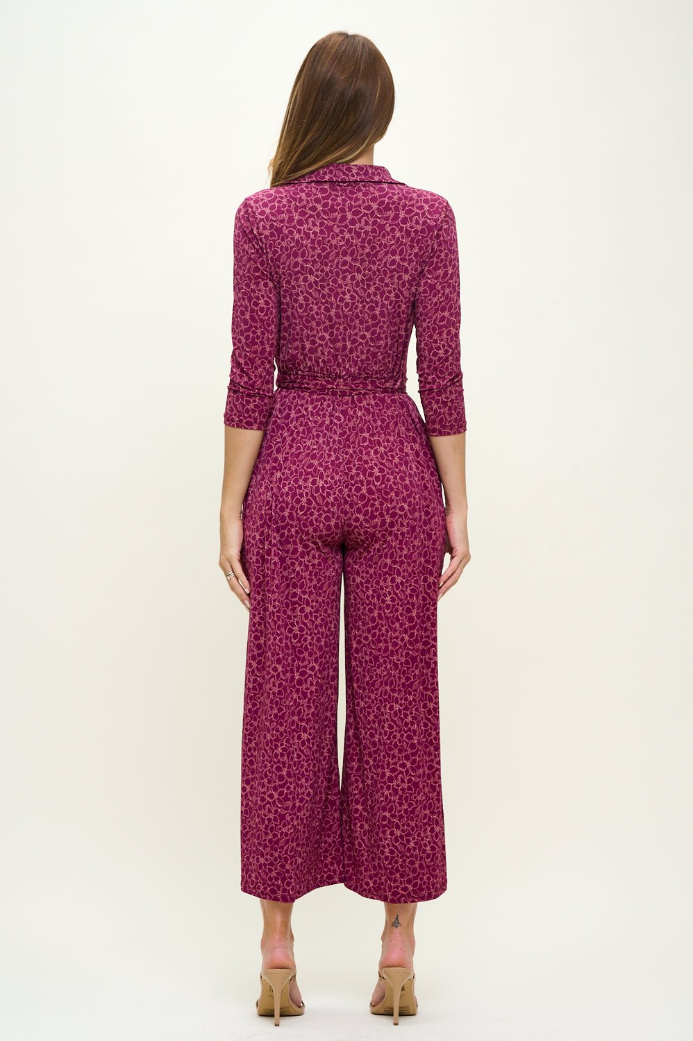 Image of West K Valerie Three Quarters Sleeve Button Down Collared Jumpsuit Emerald Print