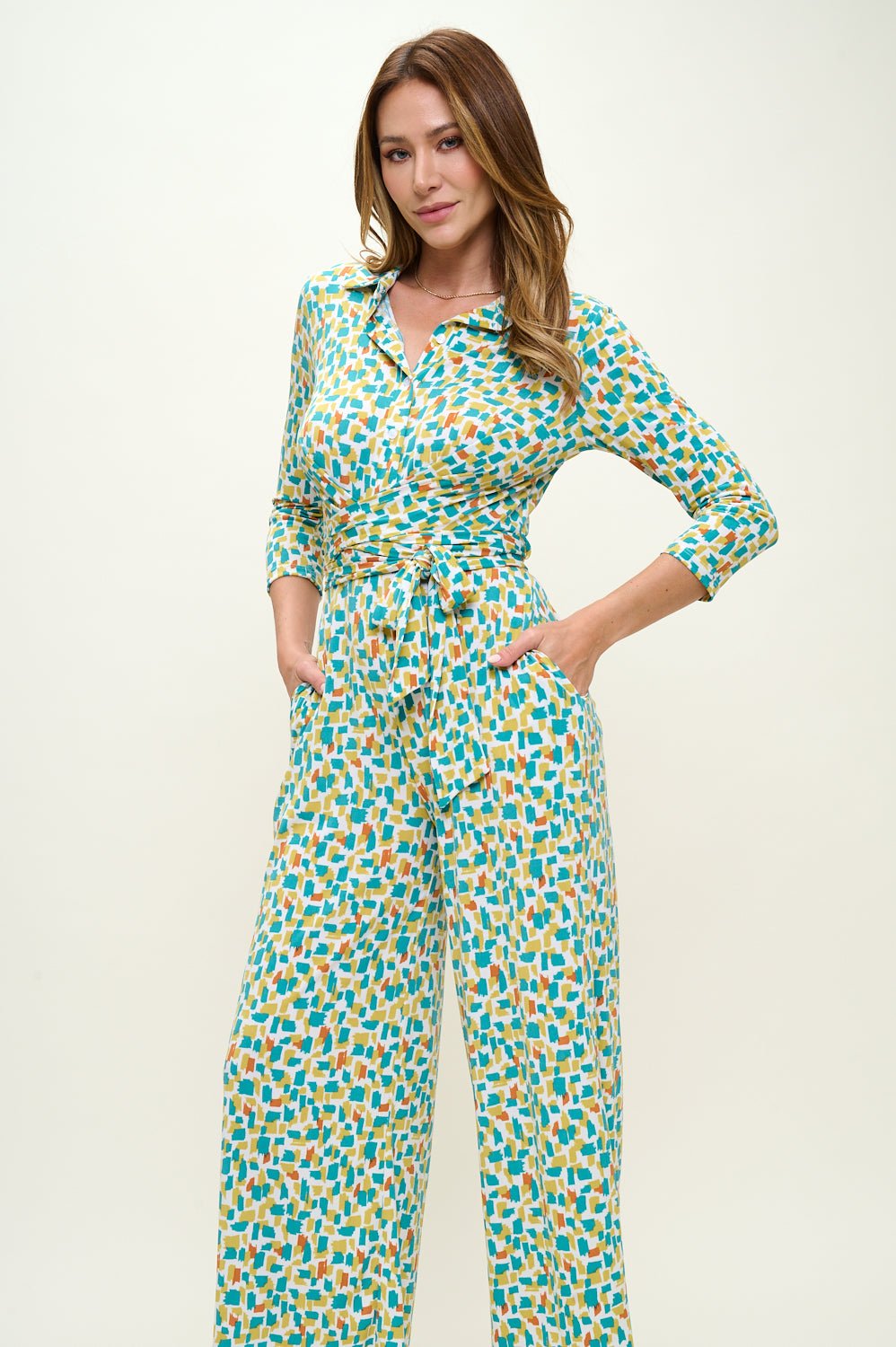 Image of West K Valerie Three Quarters Sleeve Button Down Collared Jumpsuit Emerald Print