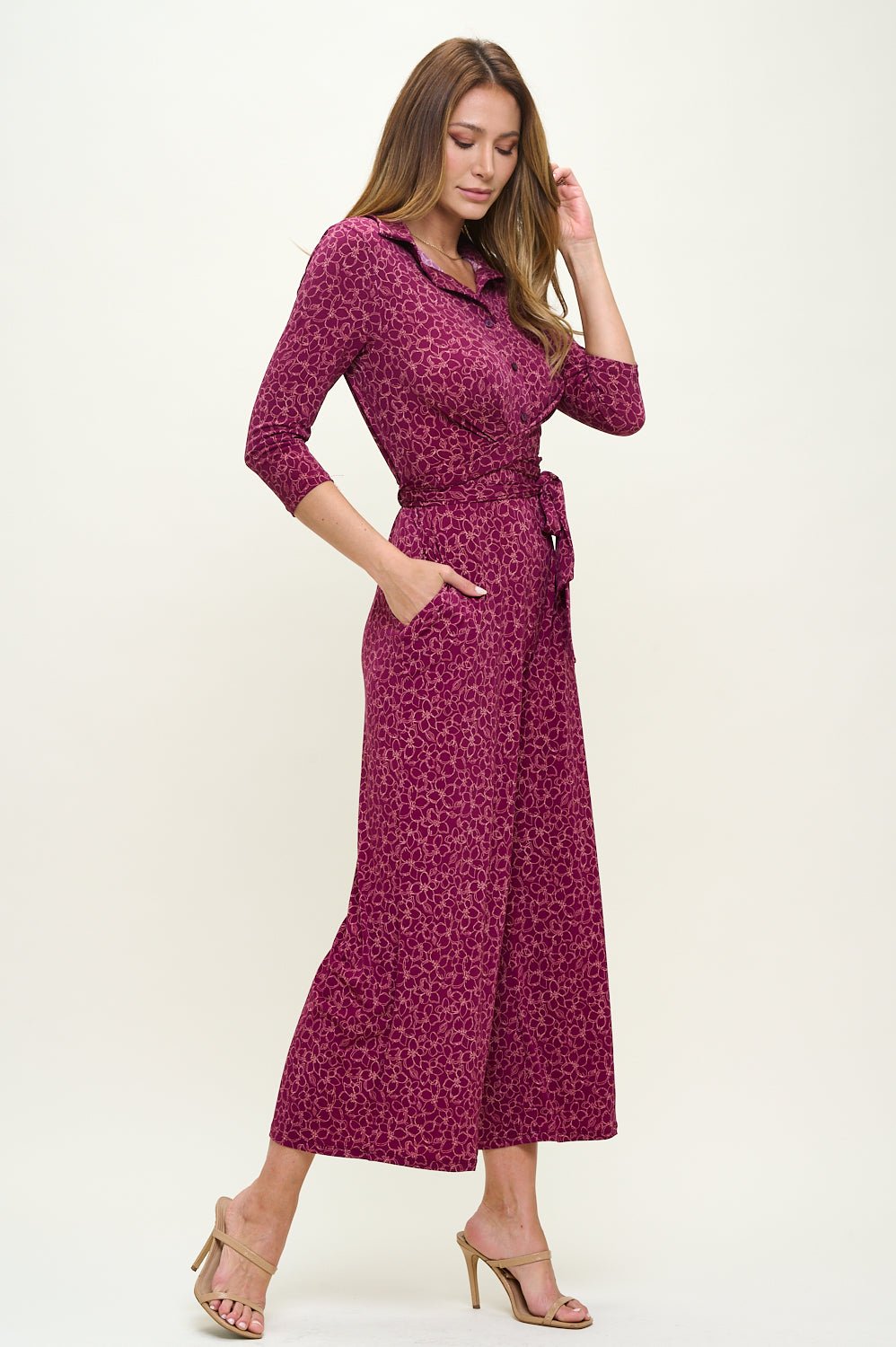 Image of West K Valerie Three Quarters Sleeve Button Down Collared Jumpsuit Emerald Print