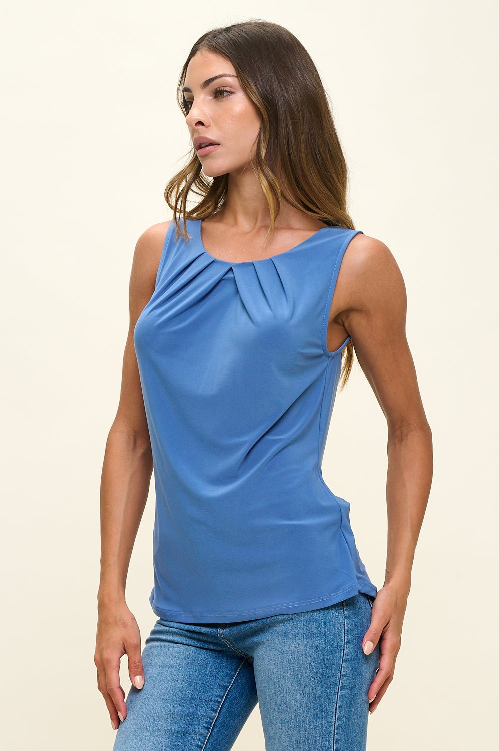 Image of West K Veda Sleeveless Pleated Neck Top Denim Blue