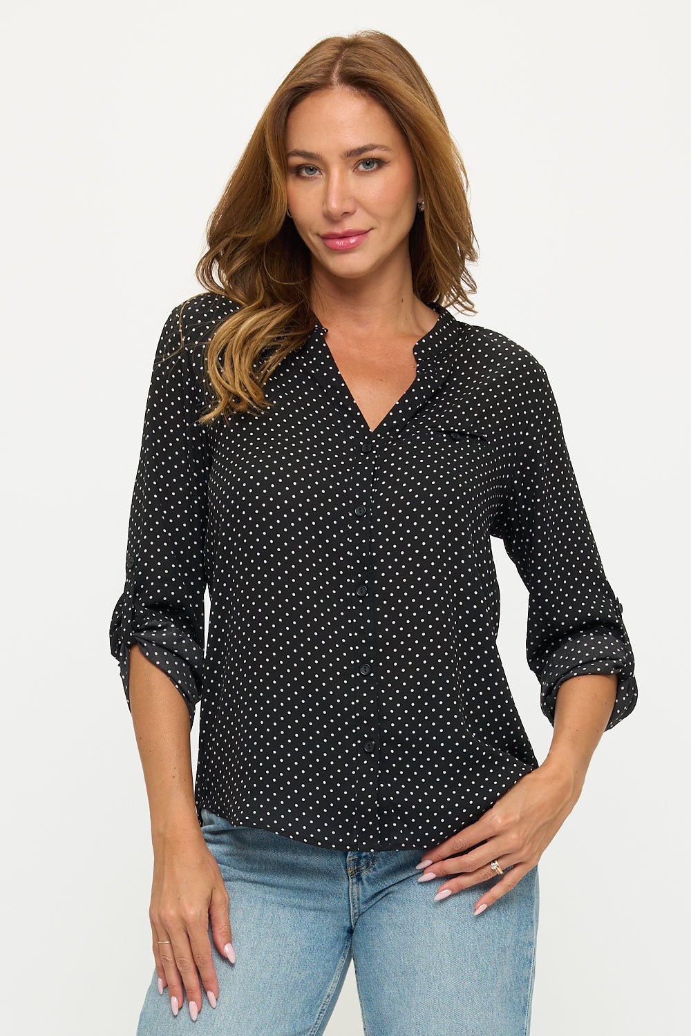 Image of West K Vera Roll - tab Button Down Blouse Black White Dots