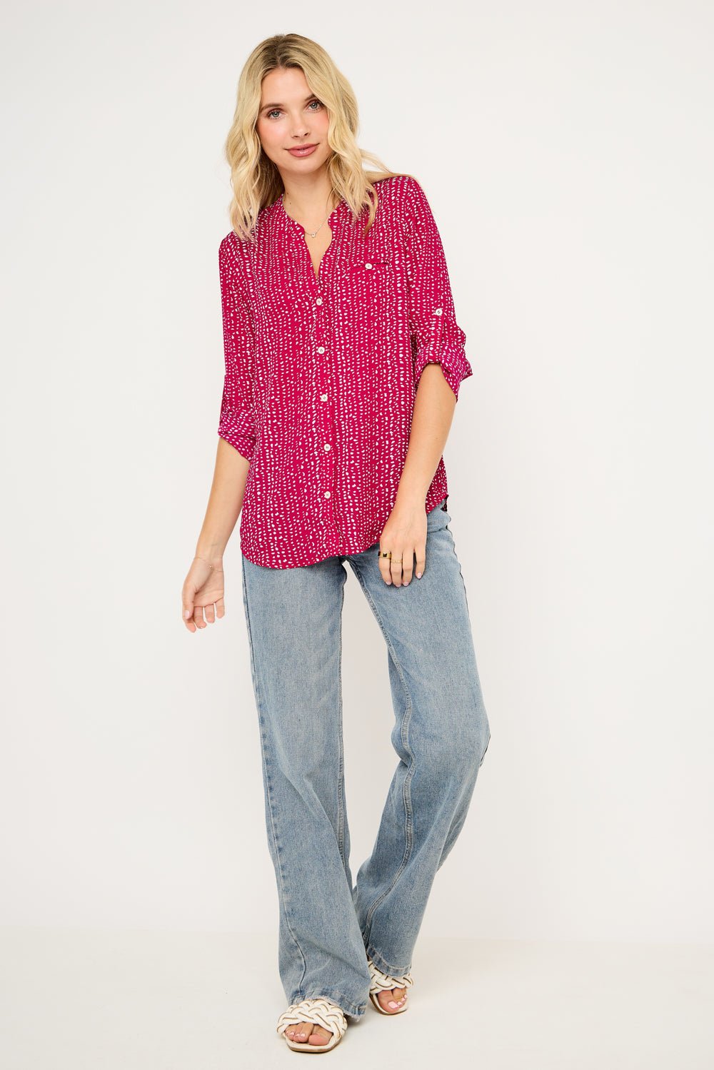 Image of West K Vera Roll - tab Button Down Blouse Cherry Dots