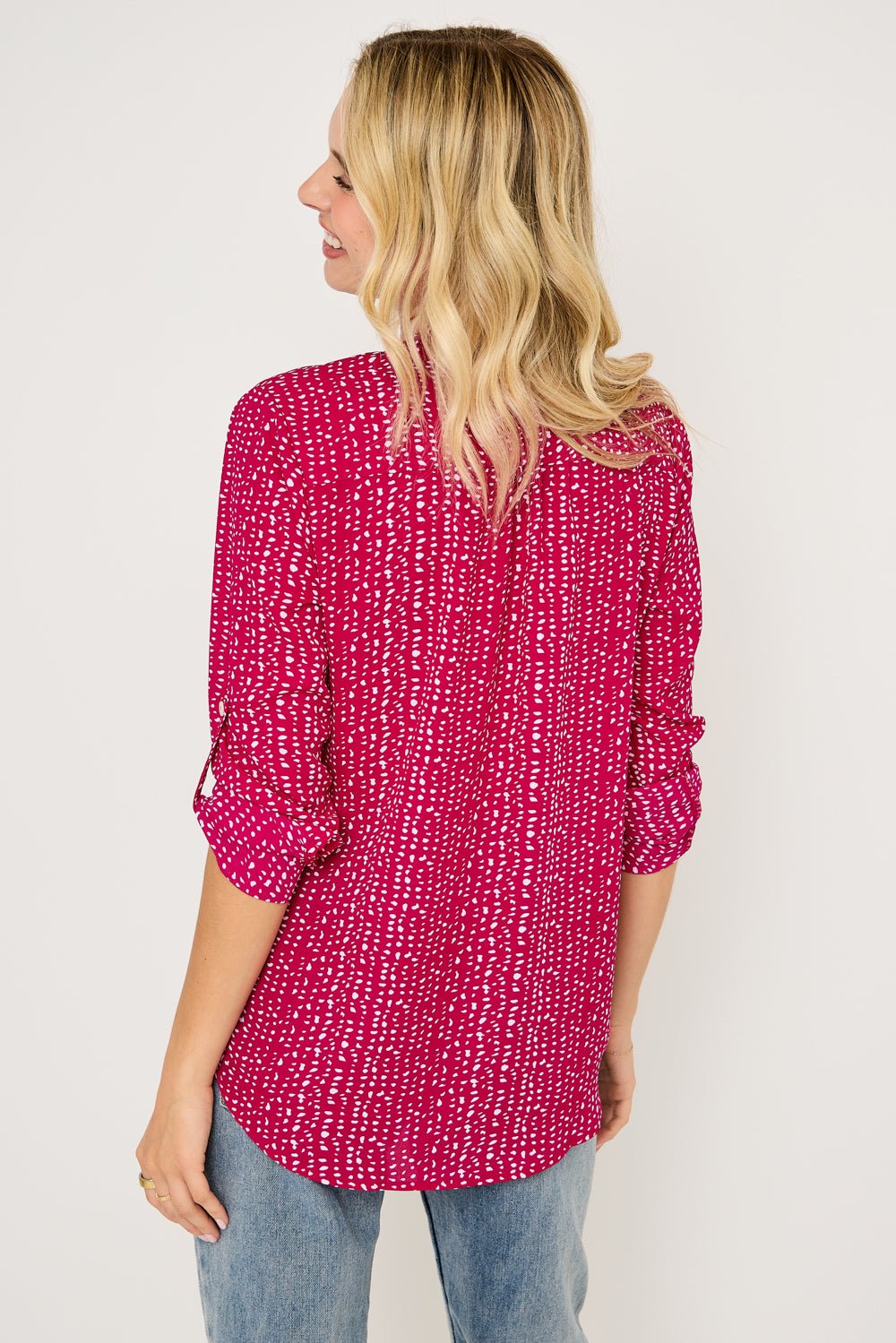 Image of West K Vera Roll - tab Button Down Blouse Cherry Dots