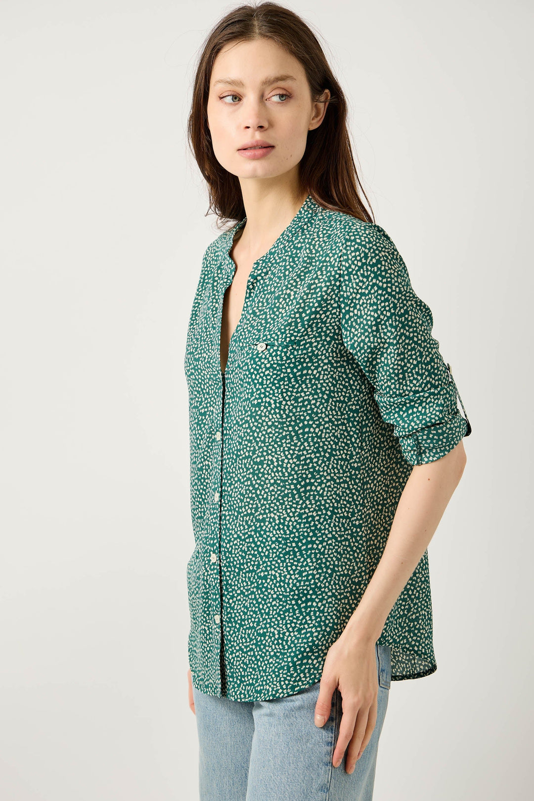 Image of West K Vera Roll - tab Button Down Blouse Green Dots
