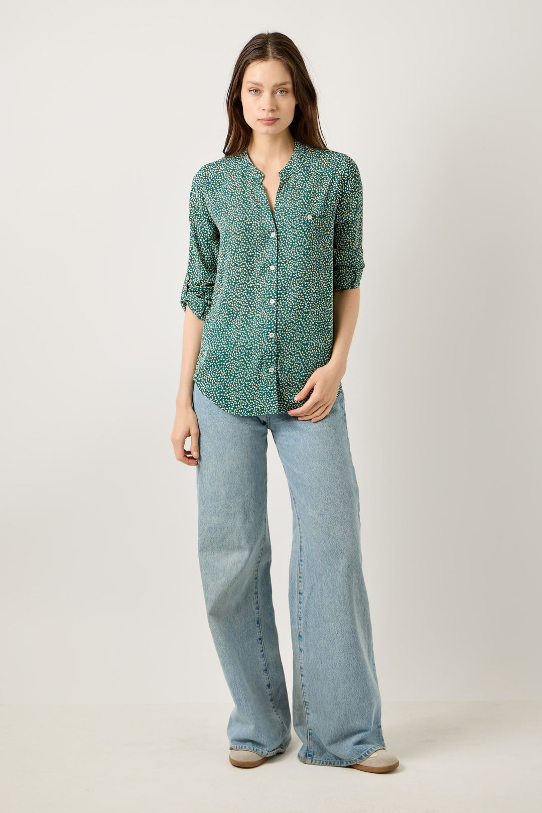 Image of West K Vera Roll - tab Button Down Blouse Green Dots