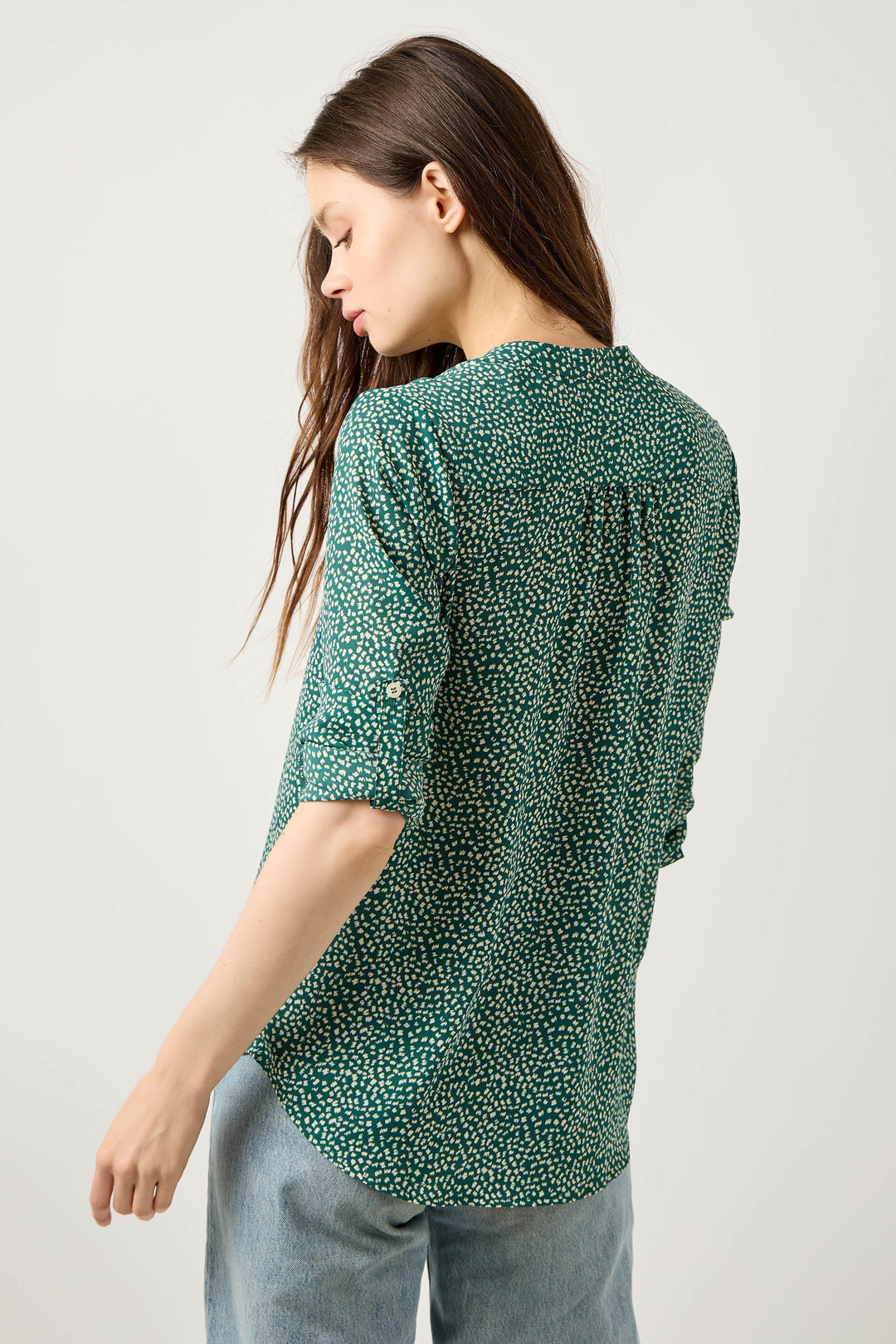 Image of West K Vera Roll - tab Button Down Blouse Green Dots
