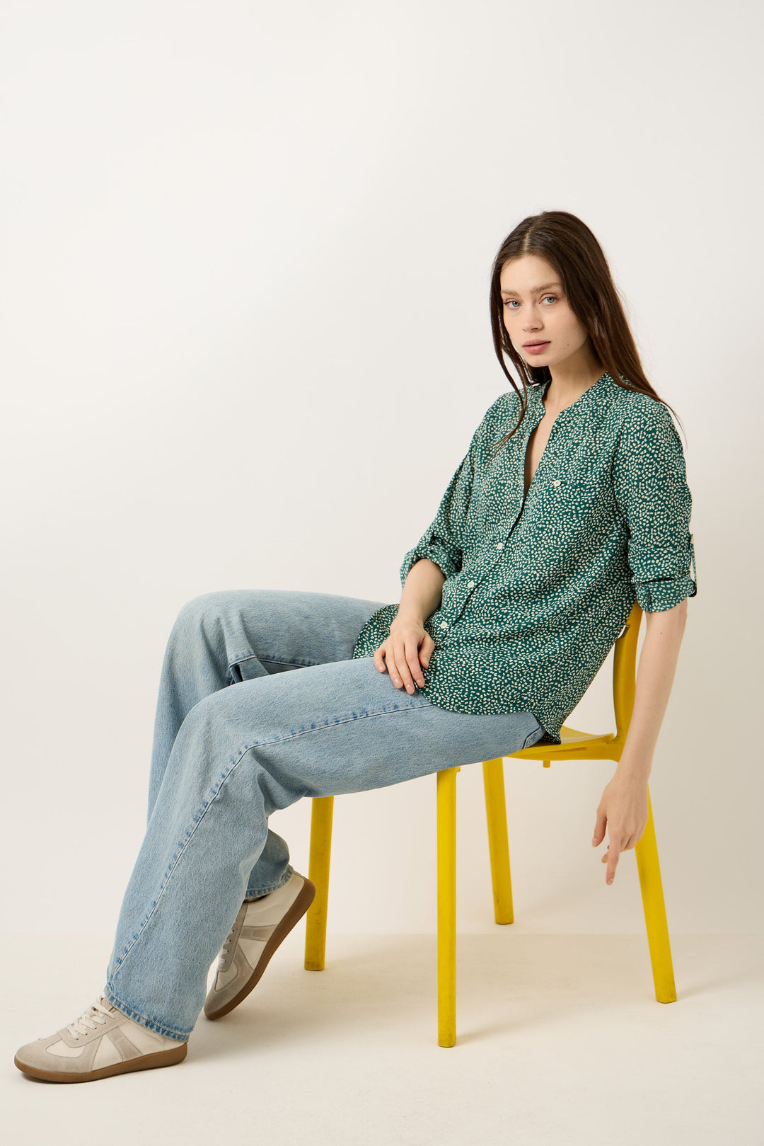 Image of West K Vera Roll - tab Button Down Blouse Green Dots