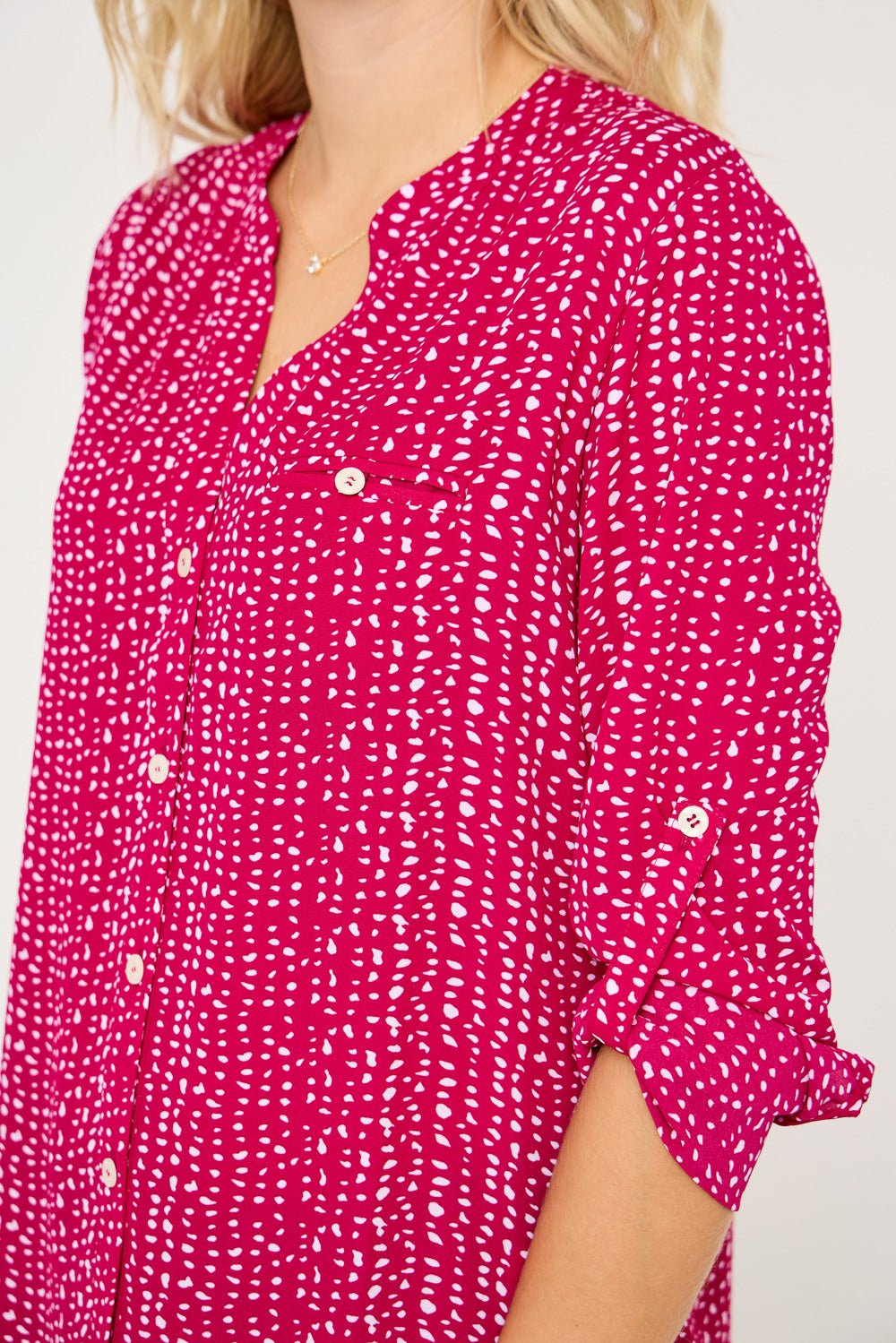 Image of West K Vera Roll - tab Button Down Blouse Green Dots