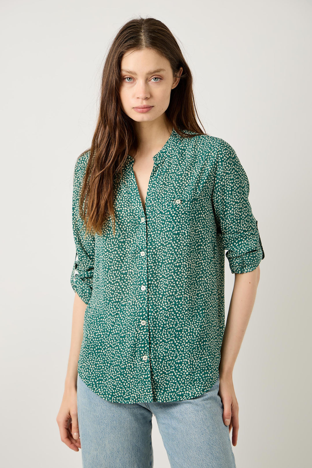 Image of West K Vera Roll - tab Button Down Blouse Green Dots