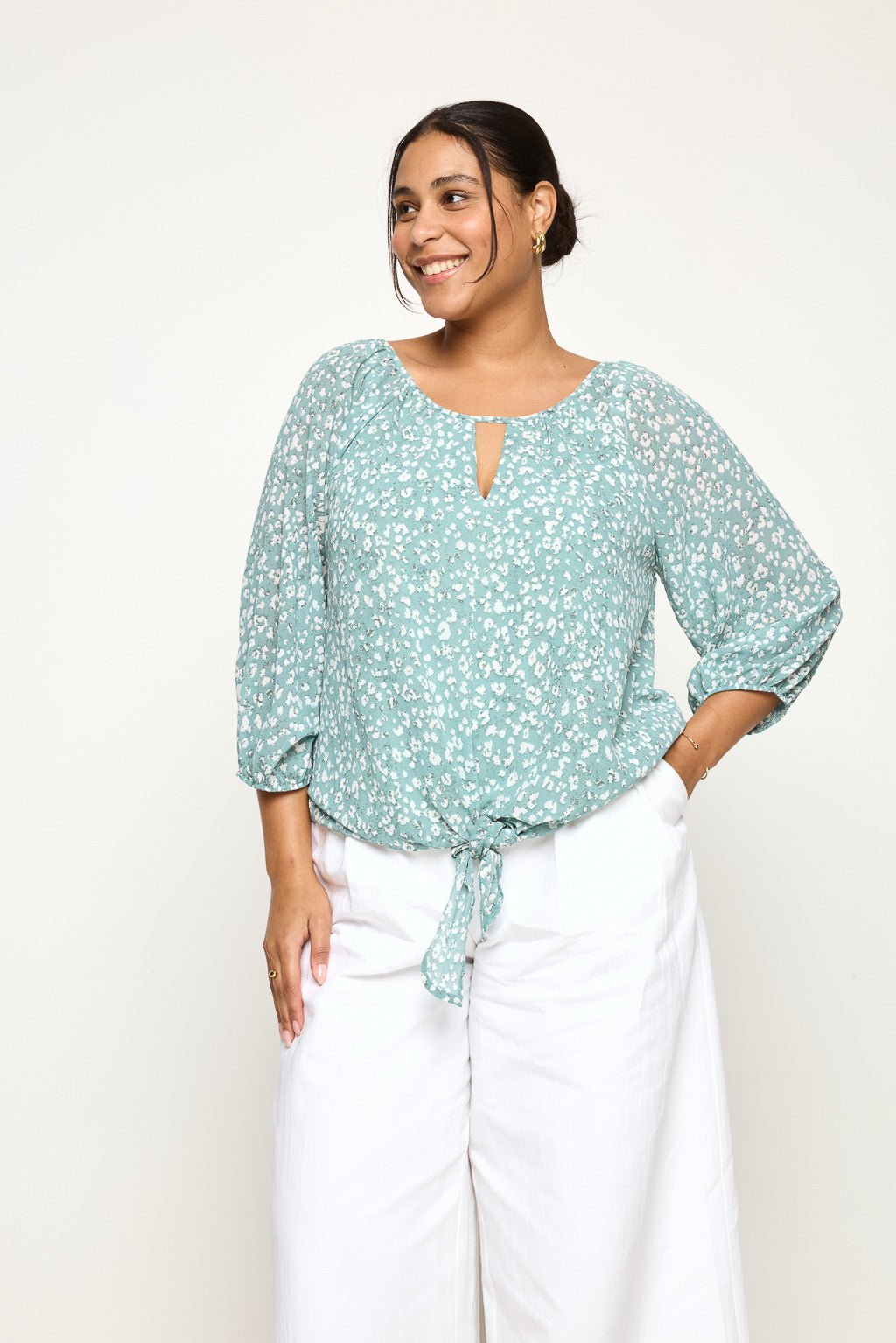 Image of West K Veronica Plus Size Tie Front Blouse Seafoam Leopard