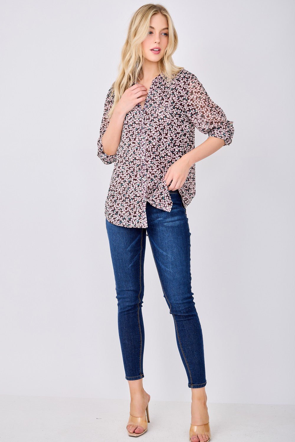 Image of West K Ysella Roll - tab Button Down Blouse Brown Daisy Floral