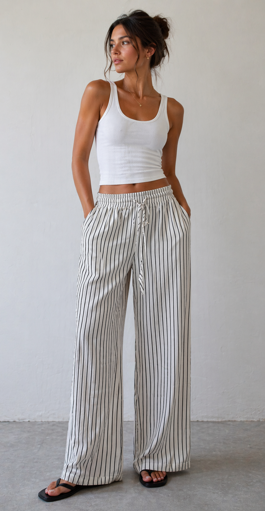 Draswtring Wide Leg Stripe Pants