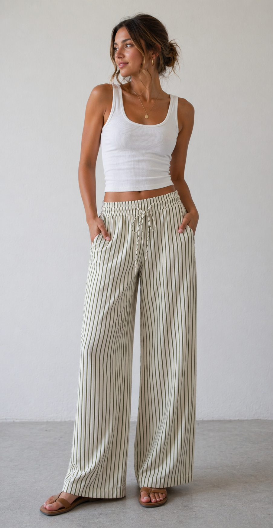 Draswtring Wide Leg Stripe Pants