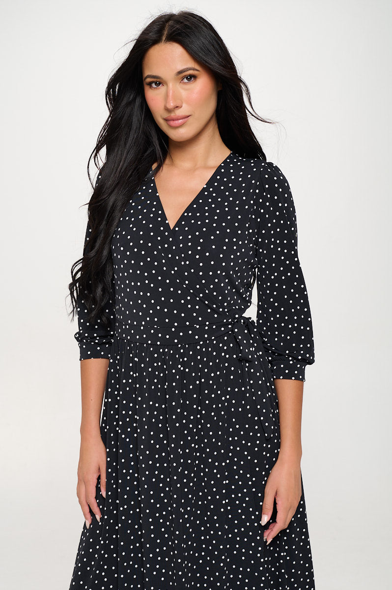 Image of West K Hadley Three Quarter Sleeve Full Wrap Dress Black White Dots